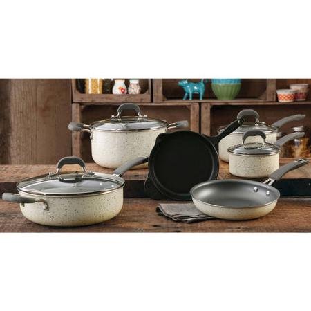 The Pioneer Woman Vintage Speckle 10-piece Non-stick Pre-seasoned Cookware Set, Linen Dishwasher Safe …