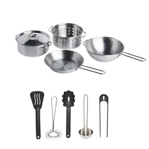 IKEA Stainless Steel 10-piece Children's Pretend Play Cookware and Utensil Set, Silver/black