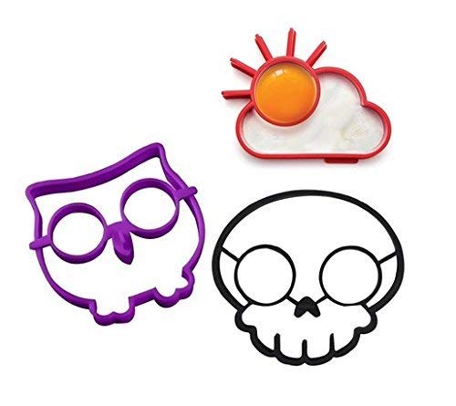 BeautyMood Silicone Egg Mold Ring, Red Sun Cloud Shaped Egg Ring, Purple Owl Shaped Egg Ring & Black Skull Shaped Egg Ring, Set of 3