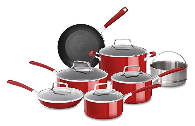 KitchenAid KC2AS12ER Aluminum Nonstick 12 Piece Cookware Set, Empire Red