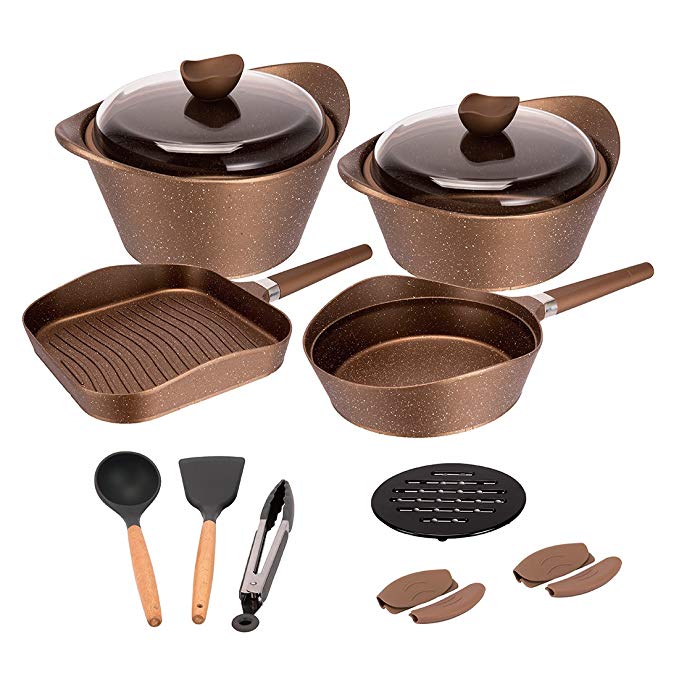 Nonstick Cookware Set Marble Coating Dishwasher Safe Die-Casting Aluminum Induction Kitchen Cookware Set with Cooking Utensil Pack- 16 - Coffee