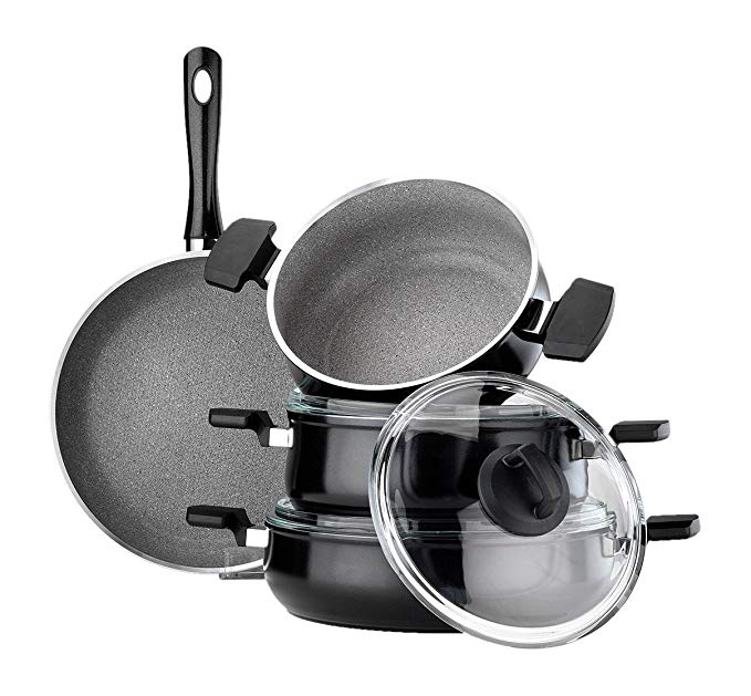 Hisar 7 Piece Aluminum Multigranit Neptun Cookware Set, Black