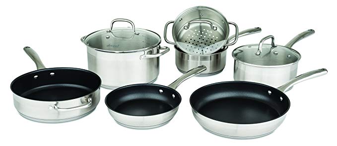 Allrecipes Stainless Steel Cookware Set with Nonstick Fry and Sauté Pans, 10 Piece