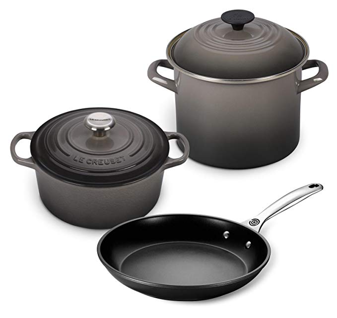 Le Creuset 5pc Oven and Stovetop Cookware Set (4.5-Quart Round Dutch Oven, 6-Quart Covered Stockpot, 10-Inch Toughened Nonstick Fry Pan) (Oyster)
