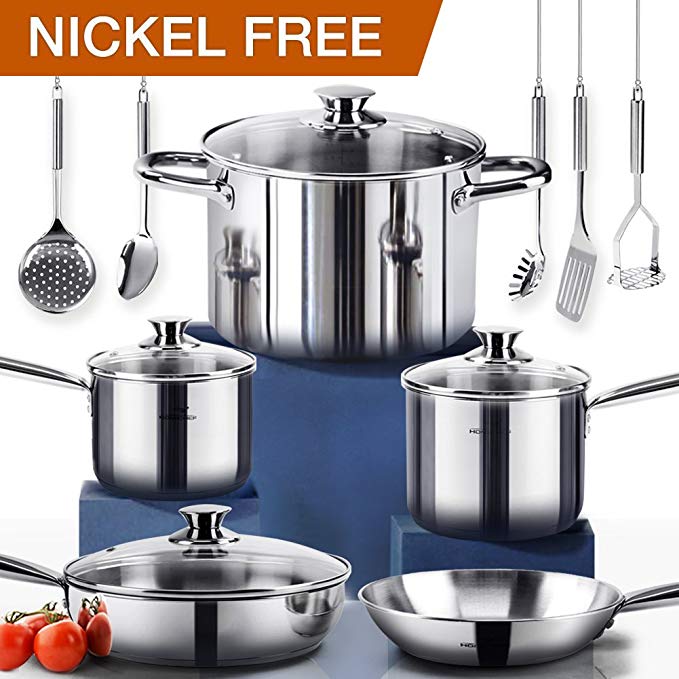 HOMI CHEF 14-Piece Mirror Polished Nickel Free Stainless Steel Cookware Set - Induction Ready Cookware Sets Nickel Free Cookware Set - Pots and Pans Set - Stainless Steel Sauce Pans With Lids, etc.