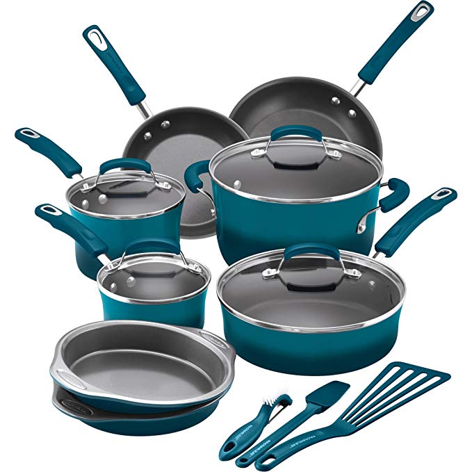 Rachael Ray 15-Piece Hard Enamel Nonstick Cookware Set - Marine Blue