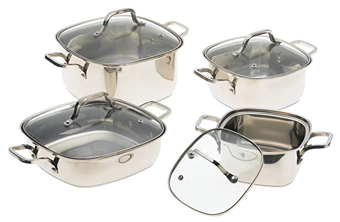 Prime Cookware 8 Piece Square Stainless Steel Cookware Set with Glass Lids