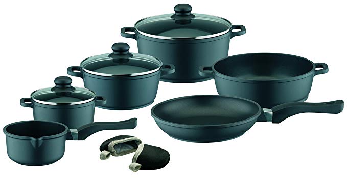 ELO Black Die-Cast Aluminum Kitchen Cookware Pots and Pans Set with Durable Non-Stick Coating and Oven Mitts, 9-Piece