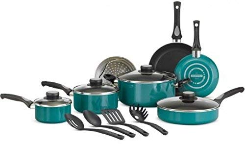 Versatile Nonstick Teflon CoatingTeal-Colored Porcelain Aluminum Cookware Set 15 Piece Blue Kitchen Pots and Pans New