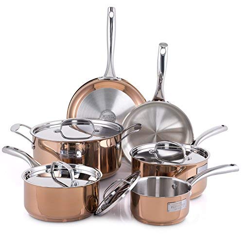 Fleischer & Wolf Stainless Steel Cookware Set (10-Piece) - Copper Trim + Satin Body Cuisine Set-Oven and Grill safe Kitchen Pots and Pans Set - Dishwasher Safe