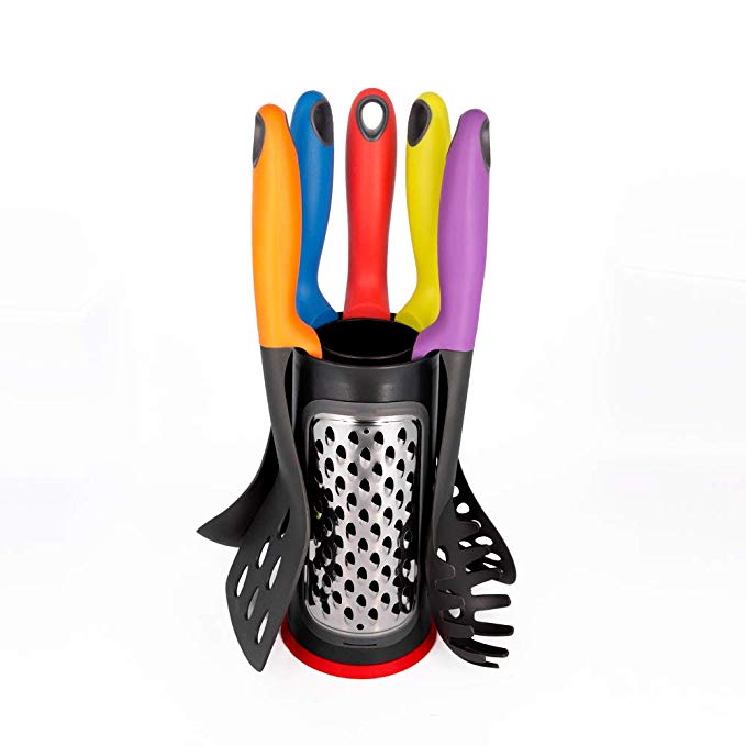 6 Piece Cooking Utensils Set Heat Resistant Nylon Silicone Kitchen Utensil Set with Stand Slotted Turner Spoon Skimmer Ladle Spaghetti Server