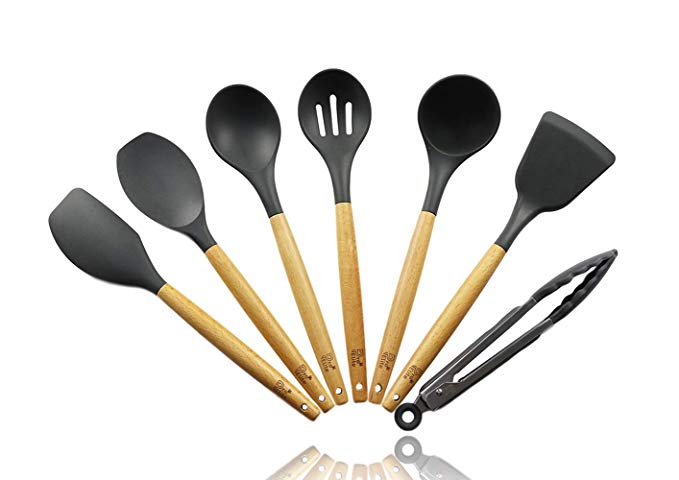 Kitchen Utensils, 7-Piece Kitchen Utensils Set Wood & Silicone, Cooking for Men and Women (Charcoal Grey) - By Pro Elite (Charcoal Gray)