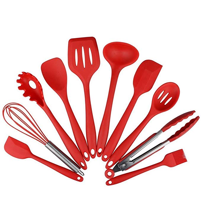 R18 Food Grade BPA Free Set Of 10 Pieces Silicone Kitchen Utensils Set/Red