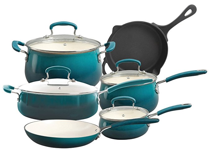 The Pioneer Woman Vintage Speckle 10-Piece Non-Stick Pre-Seasoned Cookware Set (Turquiose)