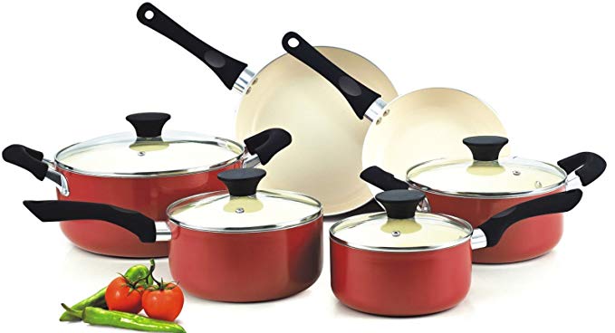 Nonstick Ceramic Coating Ptfe-pfoa-cadmium Free 10-piece Cookware Set, Red by Cookware Sets