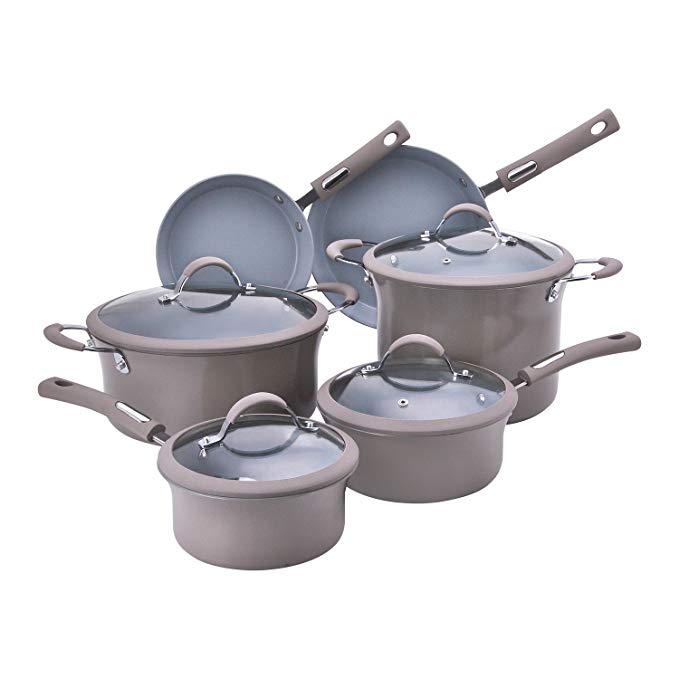 Hamilton Beach 10pc Aluminum Cookware Set, 3.0mm, Champagn, Grey Ceramic Coating Interior