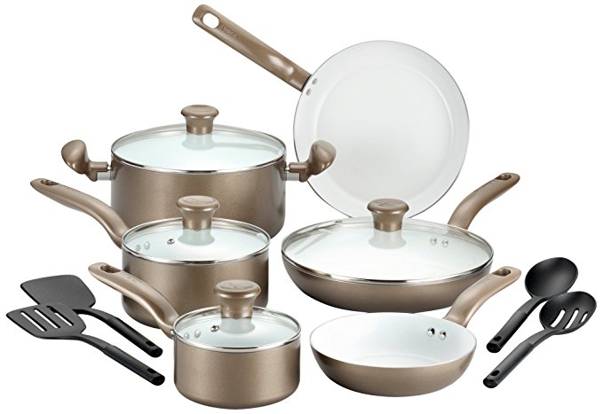 T-fal Ceramic Cookware Set, Nonstick Cookware Set, 14 Piece, Gold