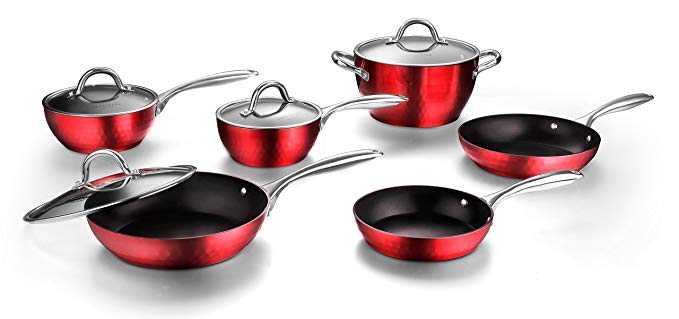 COOKSMARK Diamond-Infused Nonstick Induction Safe Cookware Set, Scratch-Resistant Pots and Pans Set with Glass Lids, Dishwasher Safe Oven Safe 10-Piece, Red