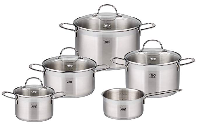 ELO Top Collection 18/10 Stainless Steel Kitchen Induction Cookware Pots and Pans Set with Shock Resistant Glass Lids and Integrated Measuring Scale, 9-Piece
