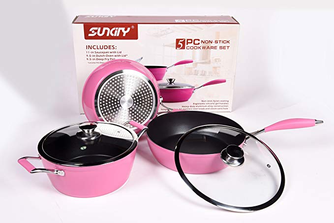 SunCity Non-stick 5-piece Aluminum Cookware Set with SunSpot Technology, Pink
