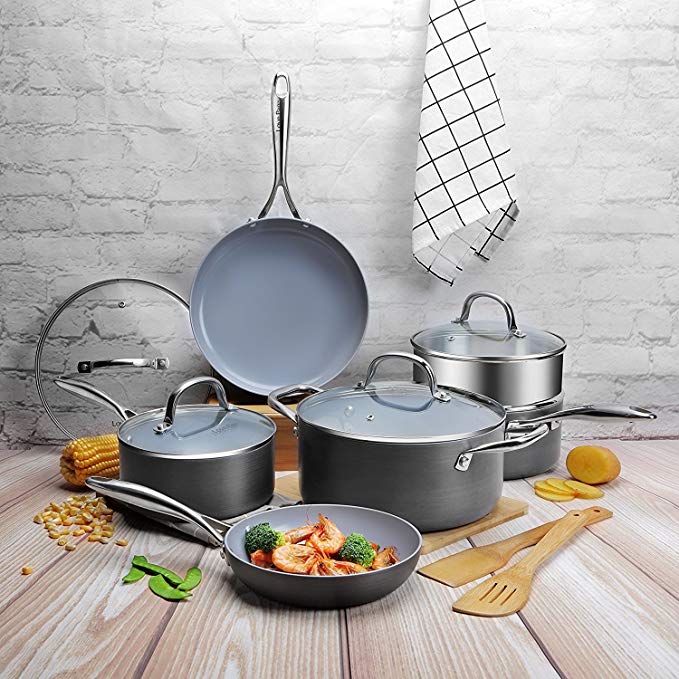 COOKSMARK 12 Piece Scratch Resistant Ceramic Nonstick Hard Anodized Aluminum Cookware Set PFOA Free Pans and Pots Steamer Rack Bamboo Cooking Utensils Black