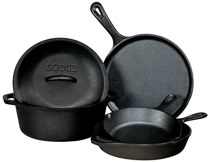 Lodge Seasoned Cast Iron 5 Piece Bundle. 10.5” Griddle, 8” Skillet, 10.25” Skillet, 10.25” Dutch Oven, and 10.25” Lid