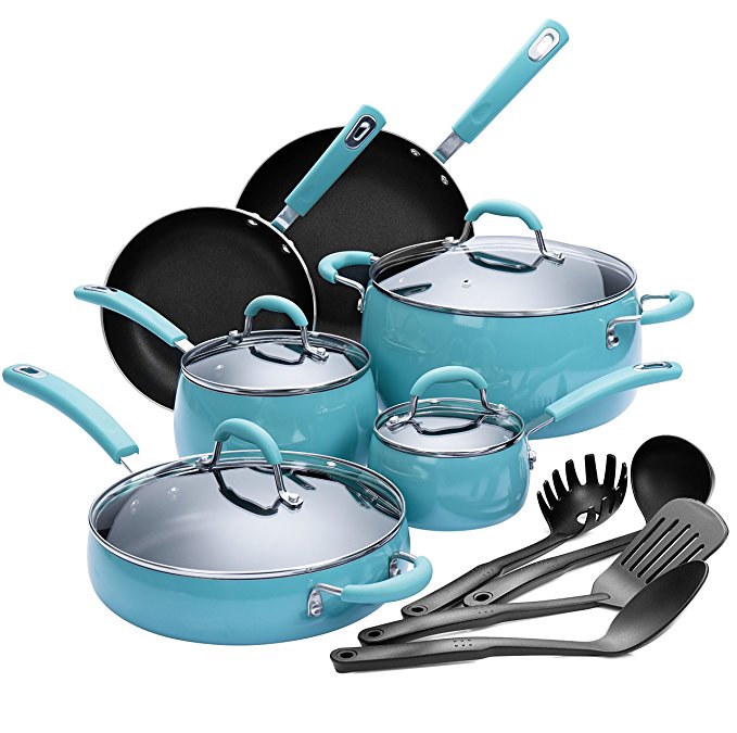 Finnhomy Hard Porcelain Enamel Aluminum Cookware Set, Ceramic Cookware Set, New Technology Double Nonstick Coating PTFE PFOA Free Kitchen Pots and Pan Set, 14-Piece, Agave Blue