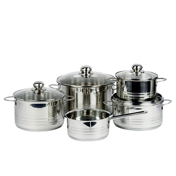 My Basics Germany 5 piece Pot Cookware Set 18/10 Stainless Steel Glass Covers Heat Induction