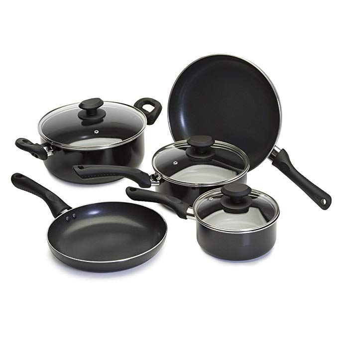 Nonstick Cookware Set - 8 Piece - Includes Frying Pans, Saucepans and Dutch Oven with Glass Lids, Black