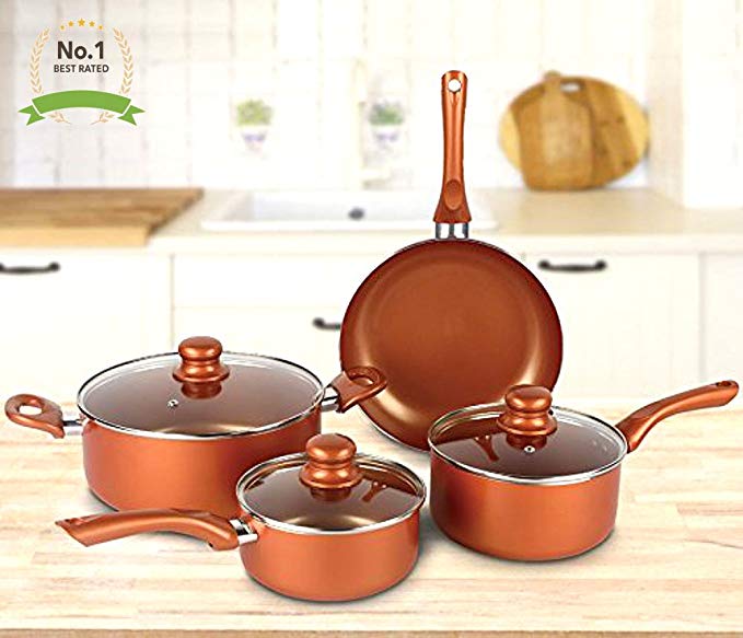 #1 Copper Cookware Set 7-piece Nonstick Ceramic Coating PTFE PFOA Free Aluminum Pots and Pan Set