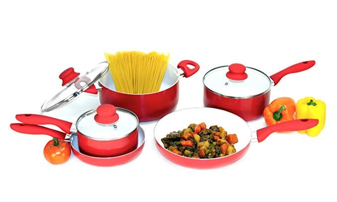 Grande Epicure Heuck 30119 Classics Series Nano 8-Piece Ceramic Cookware Set, Red