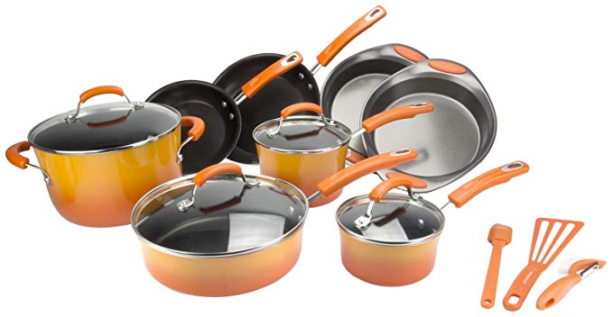 Rachael Ray 15-Piece Kitchen NonStick Hard Enamel Cookware Set Pots Pans -Orange