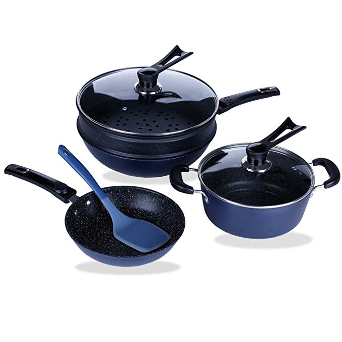 TAFOND 7 Piece Aluminum Nonstick Cookware Sets Includes Steamer insert Sauce Pot and Frying Pans with Glass lid Silicone spatula Blue