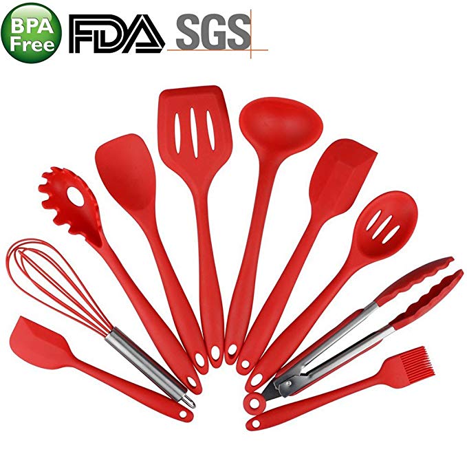 Candora 10pcs Silicone Kitchen Utensils-Cooking Tools Set-Cooking Utensil Heat Resistant Baking Non-toxic Non-Stick Easy to Clean (Red)