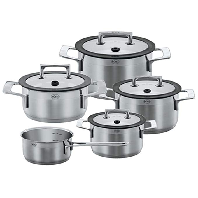 Rösle Silence - Stainless Steel with Aluminum Core 9-Piece Cookware Set - 4 Stockpots, 1 Saucepan and 4 Lids