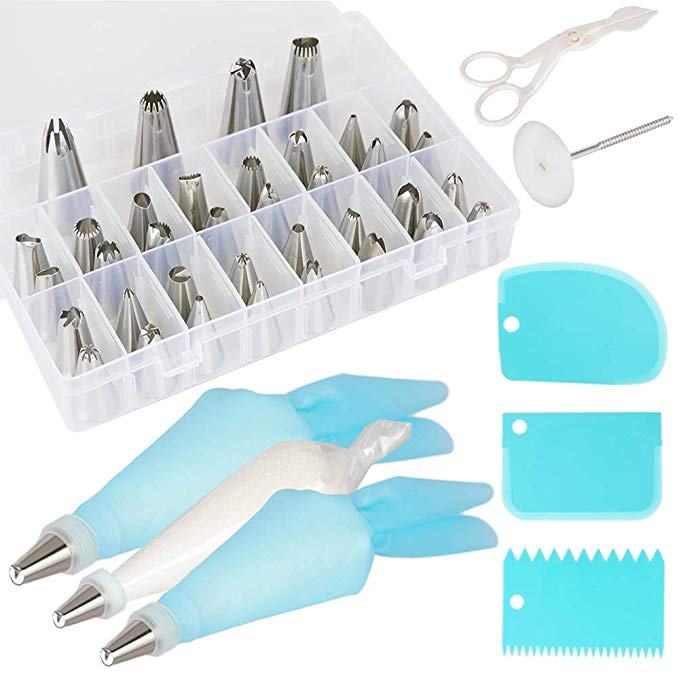 56 Pieces Cake Decorating Supplies Kit with 36 Stainless Steel Piping Tips, 2 Reusable Silicone Pastry Bags, 10 Disposable Icing Piping Bags, 1 Nail, 1 Scissor, 3 Scrapers and 3 Couplers.