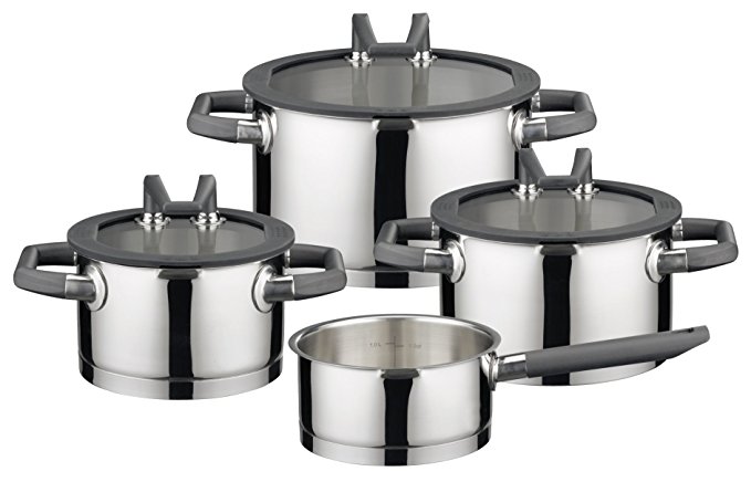 ELO Premium Black Pearl Stainless Steel Kitchen Induction Cookware Pots and Pans Set with Easy-Pour Lids, Heat Resistant Handles and Integrated Measuring Scale, 7-Piece