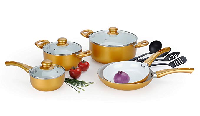 12 Pcs Gold Healthy Nonstick Ceramic Coated Cookware Set w/ Tempered Glass Lids and Easy Grip Stay Cool Handles