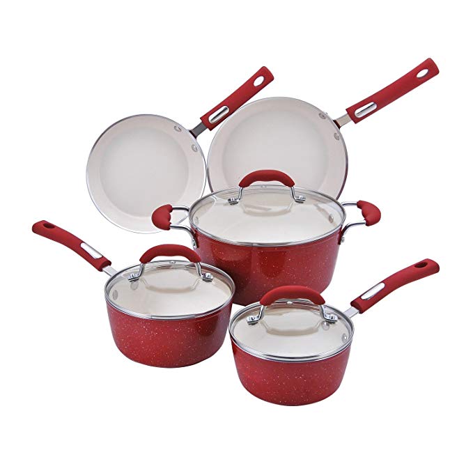 Hamilton Beach 8pc Aluminum Cookware Set, 3.0mm Forged, Red Speckled Procelain Enamel, Cream Ceramic Non-Stick