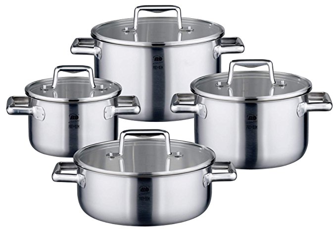 ELO Premium Multilayer Stainless Steel Kitchen Induction Cookware Pots and Pans Set with Multilayer Heating System, Easy-Pour Rim, Integrated Measuring Scale and Glass Lids, 8-Piece