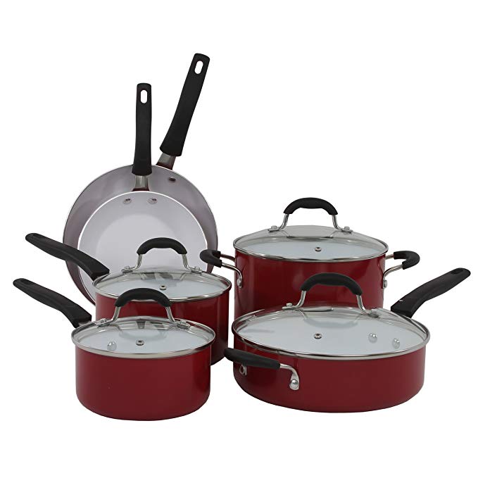 Oneida Red 10pc Non-Stick Ceramic Aluminum Cookware Set