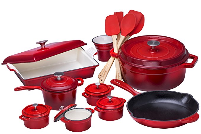 Bruntmor 21 Piece Enameled Cast Iron Cookware Set, Fire Red