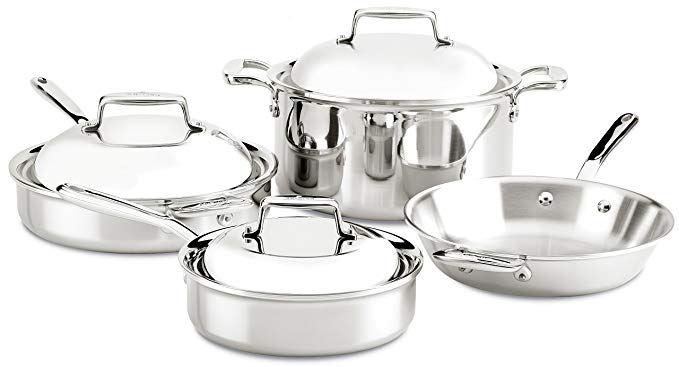 All-Clad SD70007 D7 18/10 Stainless Steel 7-Ply Bonded Construction Dishwasher Safe Oven Safe Cookware Set, 7-Piece, Silver