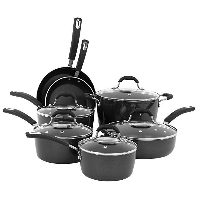 Oneida Black 12pc Forged Aluminum PFOE/PTFE free Non-Stick Cookware Set. Dishwasher Safe.