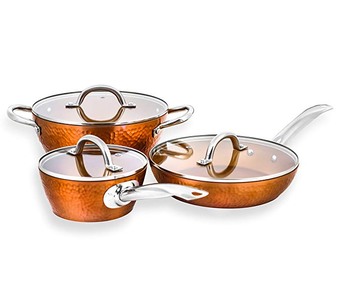 CONCORD 6 Piece Hammered Finish Copper Non Stick Cookware Set. Heirloom Collection