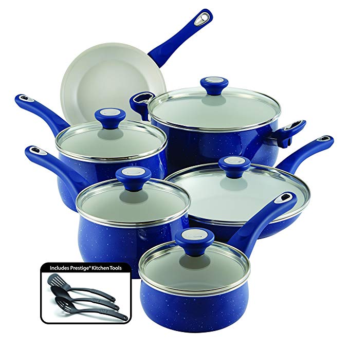 Farberware New Traditions Speckled Aluminum Nonstick 14-Piece Cookware Set, Blue