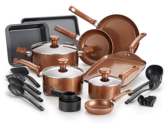 T-fal Copper Ceramic Nonstick Cookware Bakeware Pots and Pans Set, 20 Piece, Copper