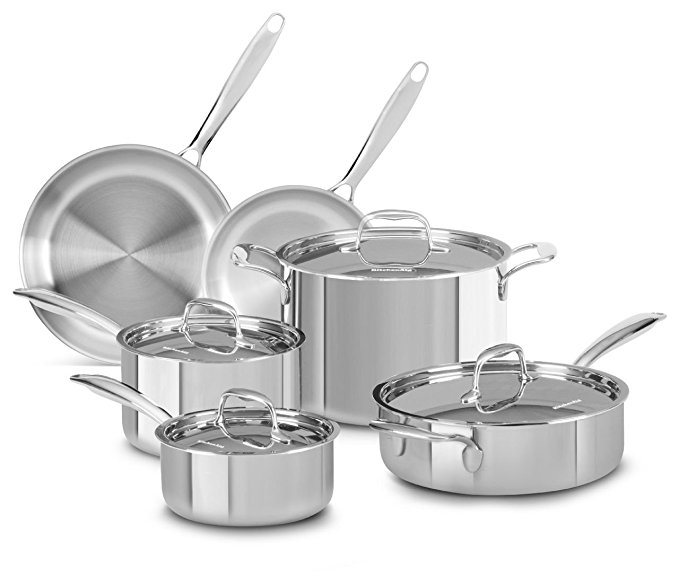 KitchenAid KCTS10SLST Tri-Ply Stainless Steel 10-Piece Cookware Set - Stainless Steel