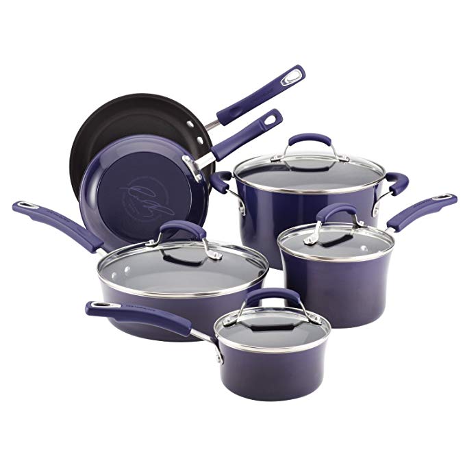 Premium Cookware Set Nonstick Porcelain Enamel 10 Piece,Purple, Scratch-Resistant PTFE PFOA and Cadmium Free, Glass Lid