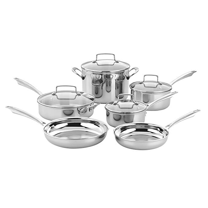Cuisinart TPS-10 10 Piece Tri-Ply Stainless Steel Cookware Set, Silver